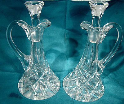 Pair CUT GLASS OIL &amp; VINGEGAR CRUET BOTTLES c1910-20