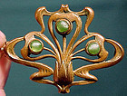 ART NOUVEAU BRASS & FAUX MOONSTONE BROOCH c1900