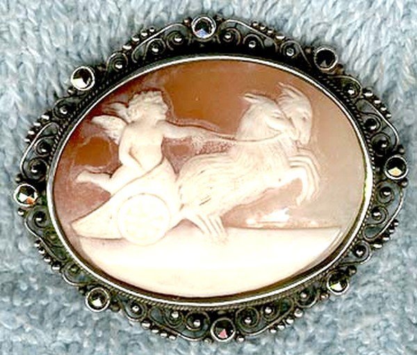 SILVER MARCASITES CHARIOT &amp; GOATS SHELL CAMEO PIN BROOCH 1900-20