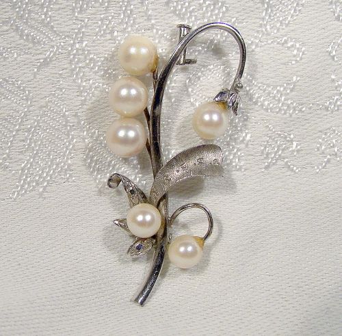 14K WHITE GOLD PEARLS LILY OF THE VALLEY BROOCH 1950