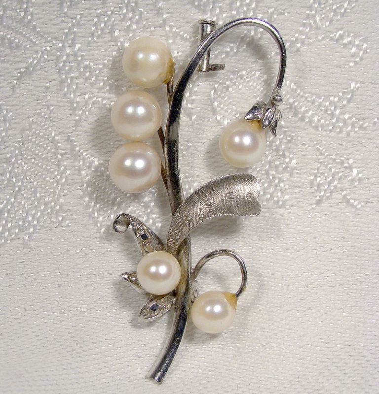14K WHITE GOLD PEARLS LILY OF THE VALLEY BROOCH 1950