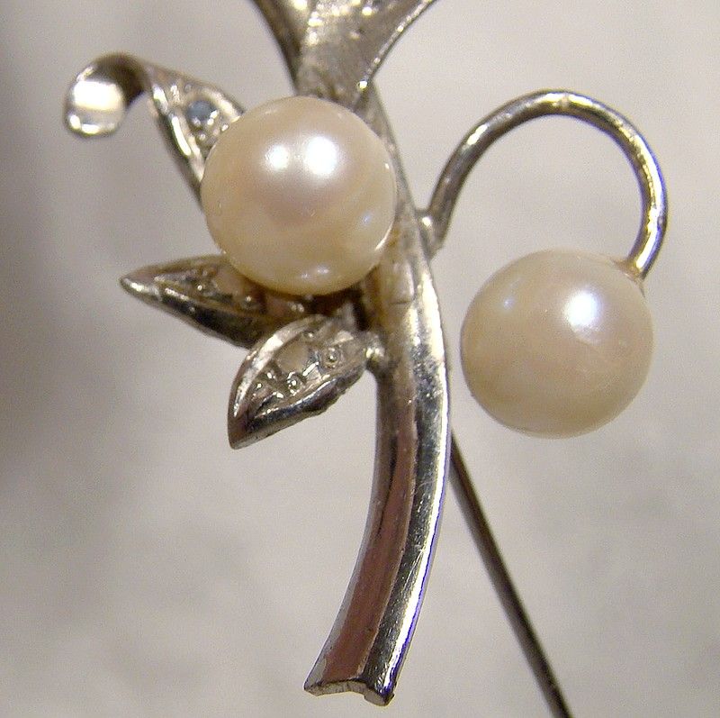 14K WHITE GOLD PEARLS LILY OF THE VALLEY BROOCH 1950