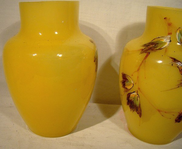 Pair Victorian Yellow Cased Glass Vases with Enamel Birds Decoration
