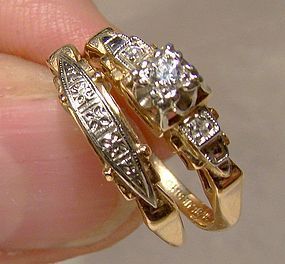 Art Deco 14K Gold Engagement Ring Set - Bluebird 1930s