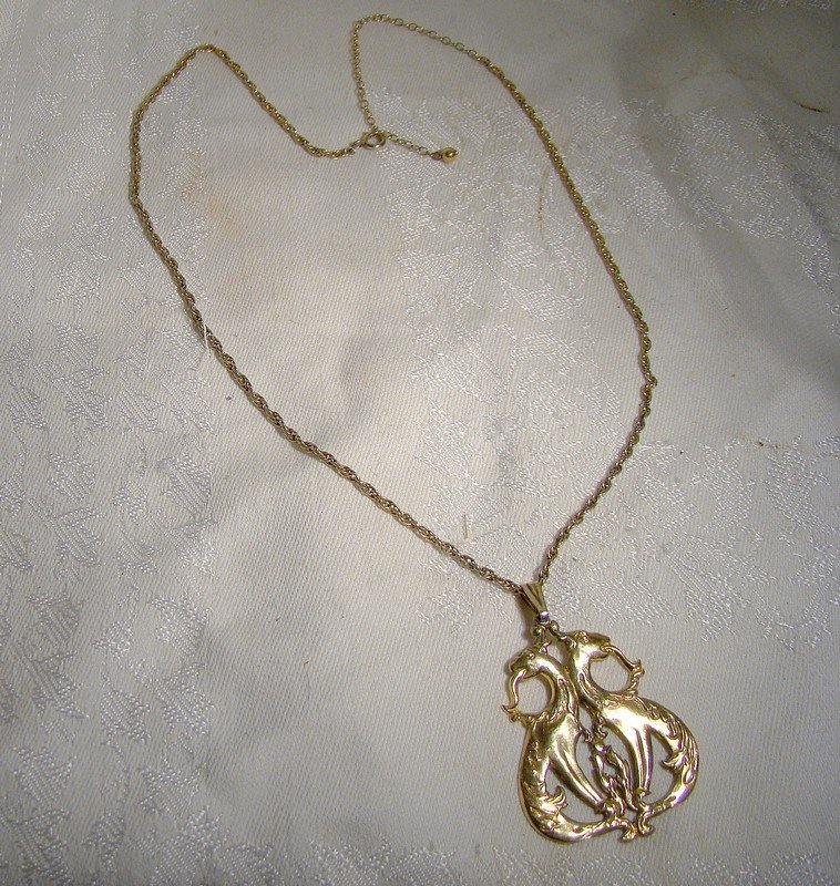 Sterling Silver Double Dragon Gilt Pendant Necklace c1930s Chimera