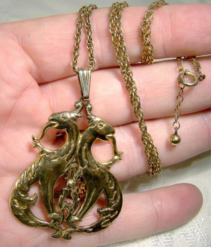 Sterling Silver Double Dragon Gilt Pendant Necklace c1930s Chimera