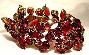 Kramer of NY Cherry Red Rhinestone Bracelet with Filigree Leaves 1950s