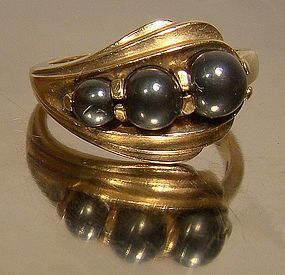 10K Black Alaskan Diamond Hematite Black Pearls Ring c1950s