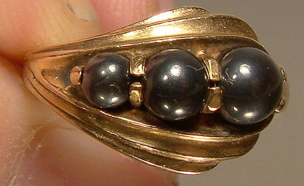 10K Black Alaskan Diamond Hematite Black Pearls Ring c1950s