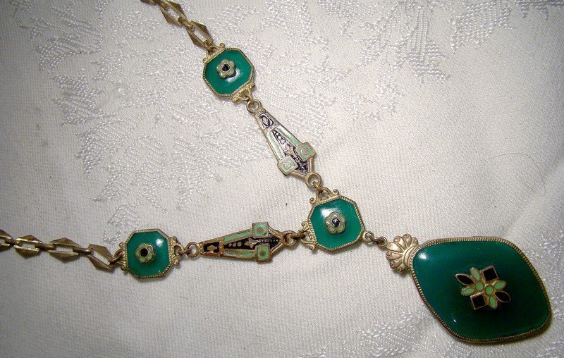 Czech Art Deco Green Glass Necklace 1920s Green Black Enamel