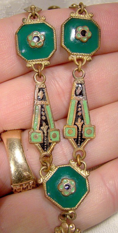 Czech Art Deco Green Glass Necklace 1920s Green Black Enamel