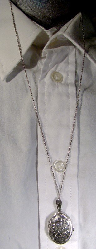 Sterling Engraved Sterling Silver Photo Locket &amp; Chain Necklace 1960s