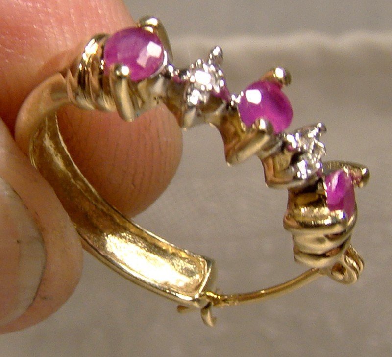 10K Yellow Gold Rubies and Diamonds Hoop Earrings 1980s