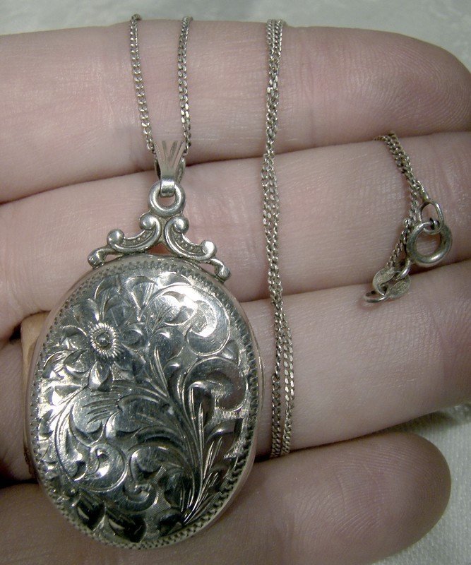 Birks Sterling Engraved Sterling Silver Photo Locket &amp; Chain Necklace