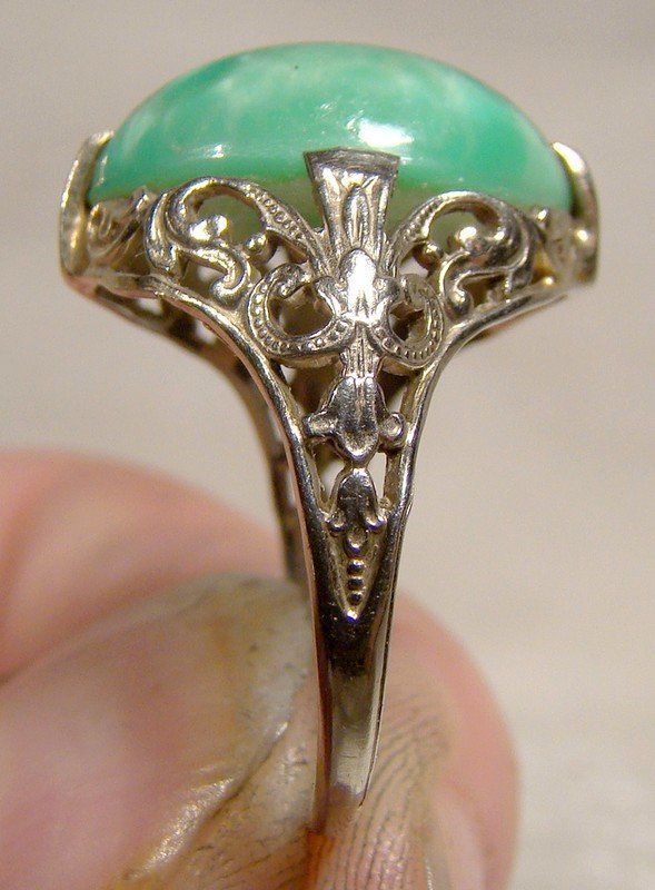 14K White Gold Filigree Art Deco Peking Glass Ring 1920s - Size 6-1/4