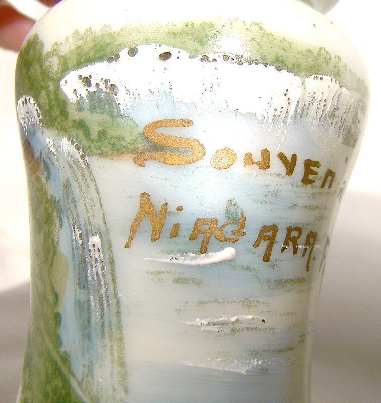 Antique Niagara Falls Souvenir Milk Glass Spills or Mantle Vases