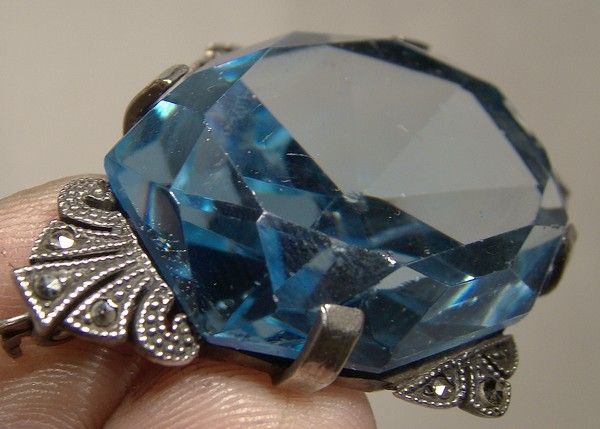 Coro Sterling Silver Marcasites Art Deco Blue Crystal Brooch 1920s