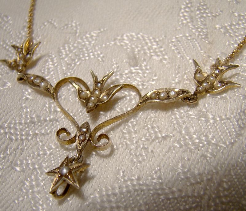 Edwardian 10K 14K Birds and Heart Seed Pearls Lavaliere Necklace 1900