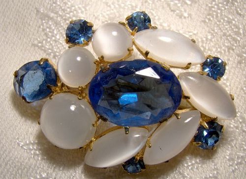 Moonstone Glass and Blue Rhinestone & Glass Brooch Pin 1950s