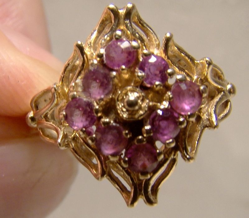 10K Yellow Gold Rubies Ruby Cluster Openwork Ring 1960s - Size 7-1/2