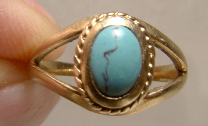 10K Yellow Gold Turquoise Cabochon Ring 1960s - Size 5