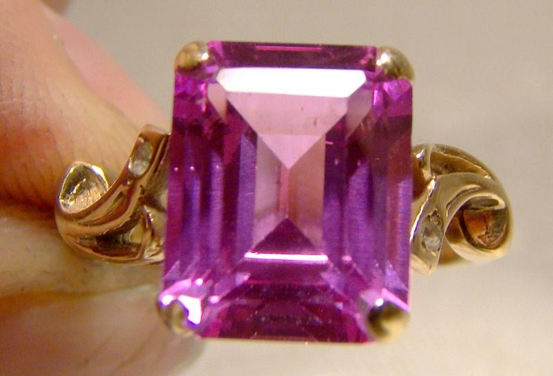 10K Yellow Gold Pink Topaz and Spinels Ring 1950s - Size 5-1/4