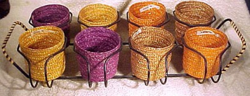 1950s ITALIAN STRAW GLASS LINERS &amp; METAL CARRIER
