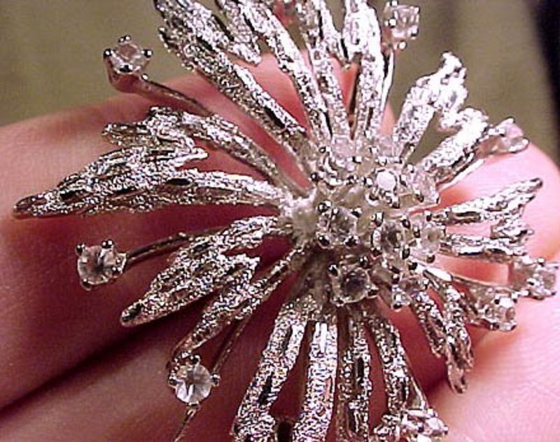 Cool STERLING CRYSTAL TEXTURED FLOWER PIN c1950s
