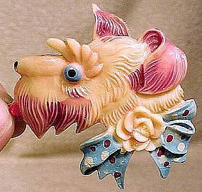 Painted MOLDED CELLULOID SCOTTIE DOG PIN c1930-40s