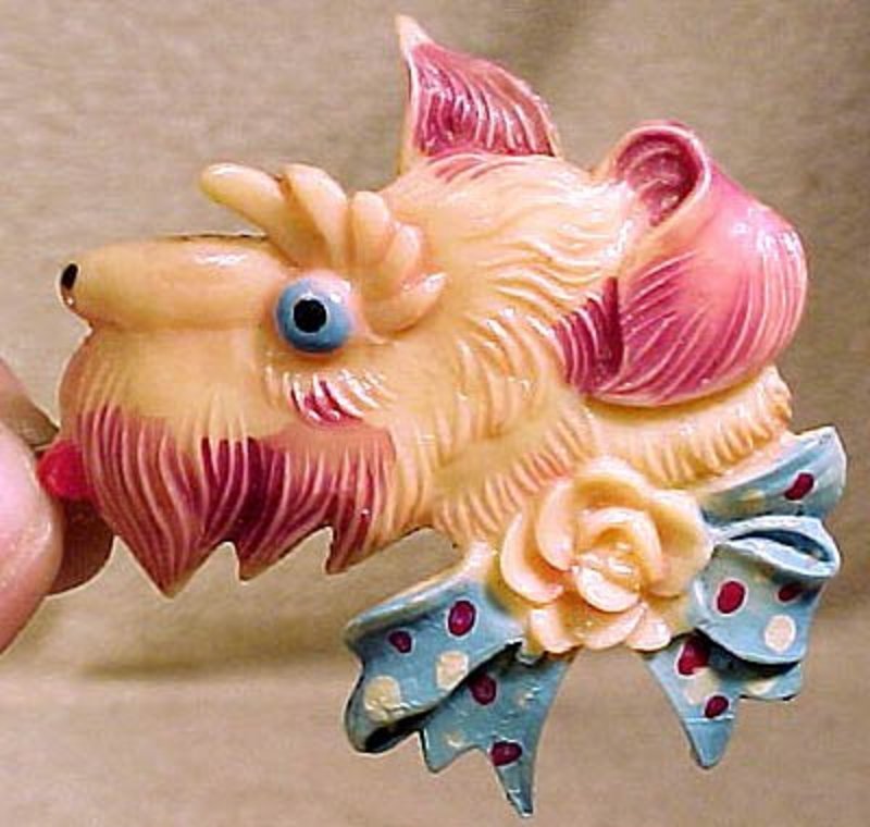 Painted MOLDED CELLULOID SCOTTIE DOG PIN c1930-40s