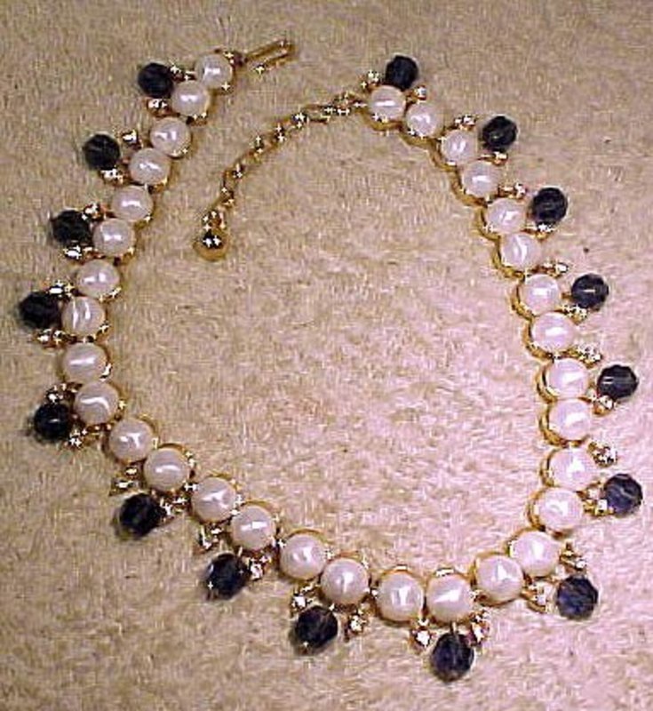 Signed TRIFARI SAPPHIRE, RS &amp; FAUX PEARL NECKLACE