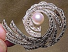 Eatons STERLING MARCASITE CULTURED PEARL SWIRL PIN 1950s