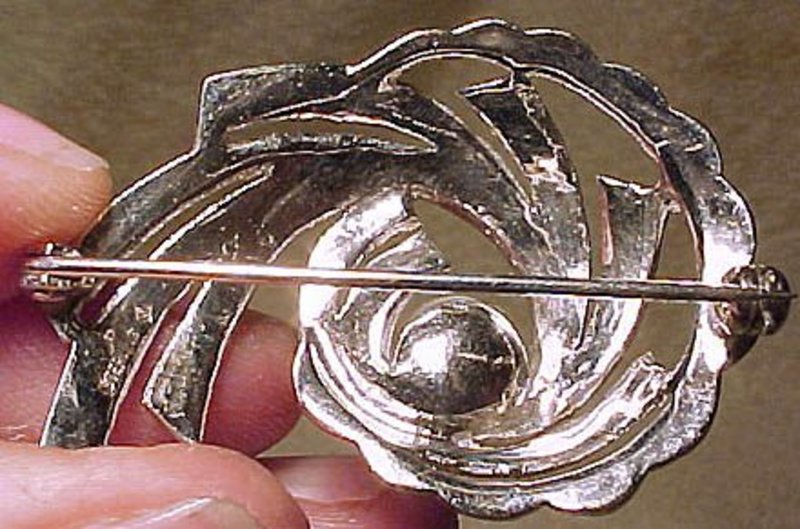 Eatons STERLING MARCASITE CULTURED PEARL SWIRL PIN 1950s