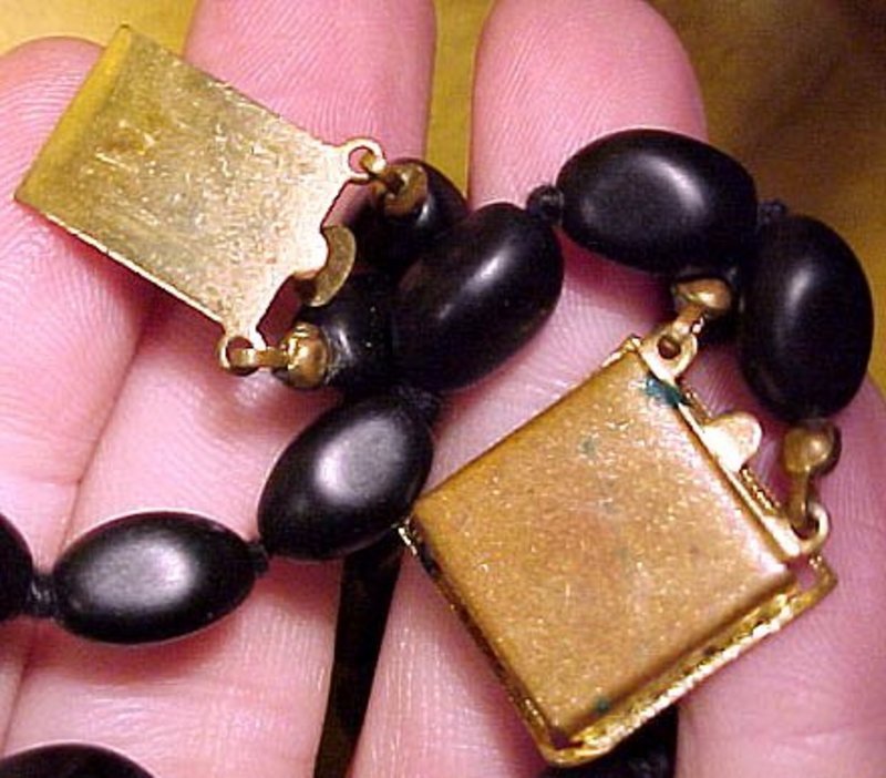 BLACK SATIN GLASS BEAD DOUBLE STRAND NECKLACE c1920s