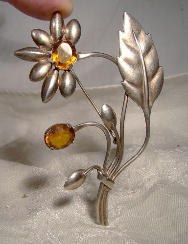 GILT STERLING SILVER CRYSTAL LARGE COAT PIN 1930s