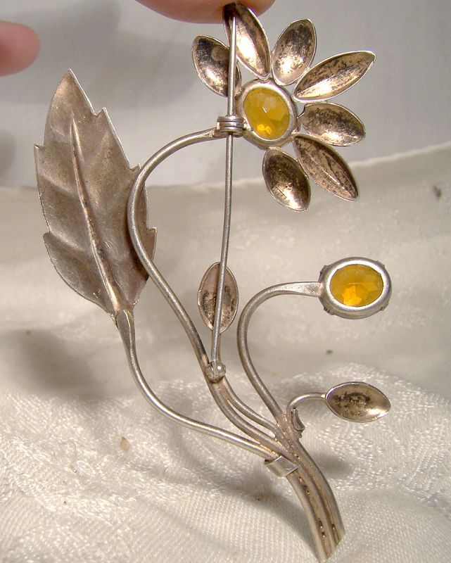GILT STERLING SILVER CRYSTAL LARGE COAT PIN 1930s