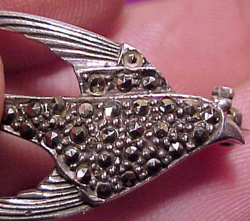 FLYING SWALLOW STERLING MARCASITE BROOCH c1930s