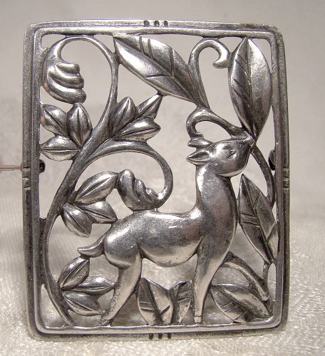 Art Deco Danecraft DEER IN THE WOODS STERLING PIN 1930s-1940s