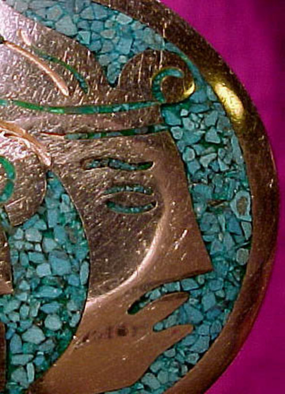 MAYAN HEAD INLAID TURQUOISE MEXICAN SILVER BROOCH