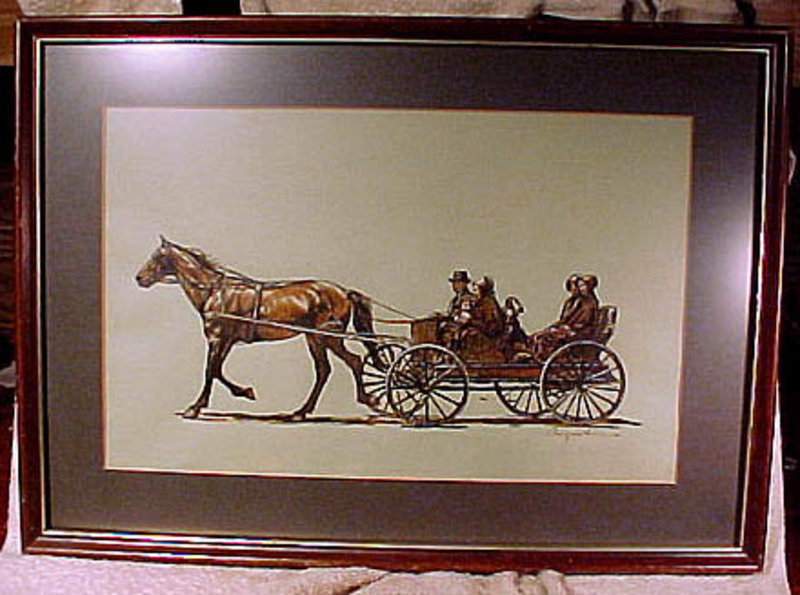 Signed MENNONITE FAMILY in HORSE &amp; BUGGY INK DRAWING