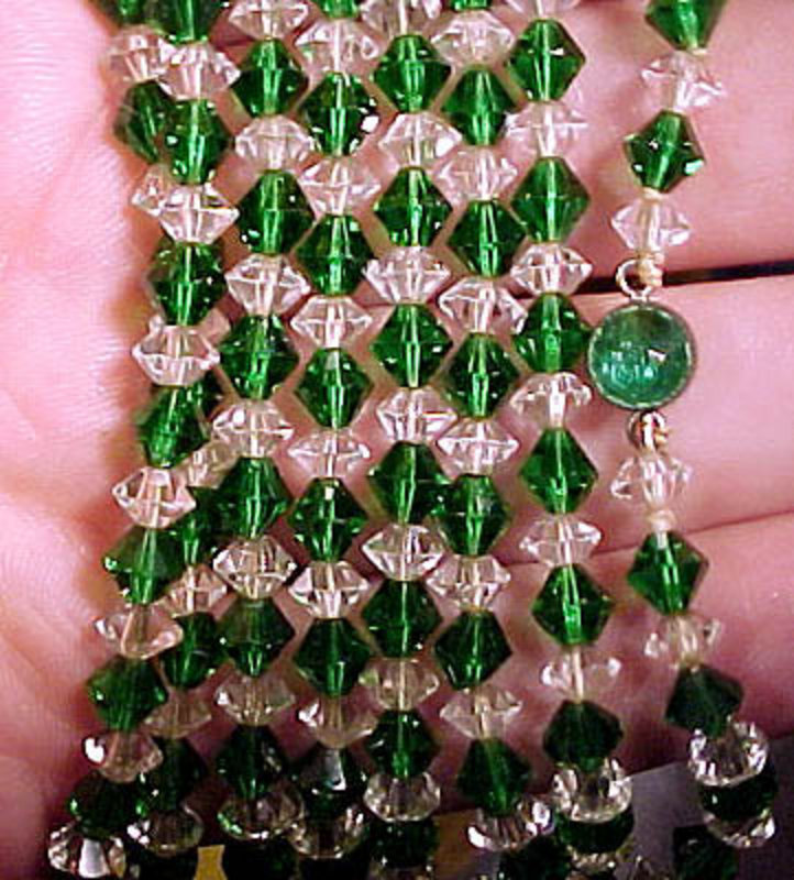 Art Deco GREEN &amp; CRYSTAL GLASS FLAPPER NECKLACE c1920s