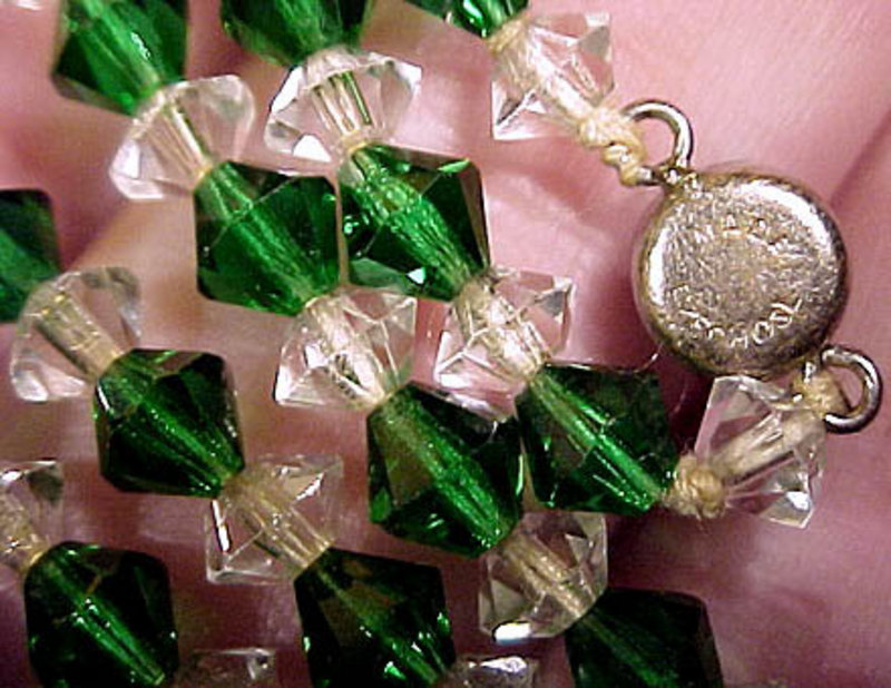 Art Deco GREEN &amp; CRYSTAL GLASS FLAPPER NECKLACE c1920s