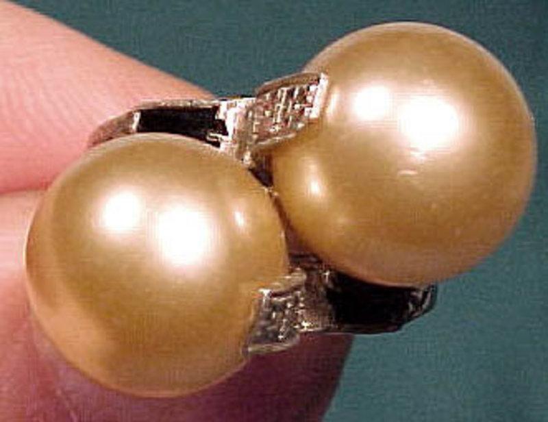 ART DECO STERLING HUGE TWIN GLASS PEARLS RING SYN SAPPHIRES 1920s