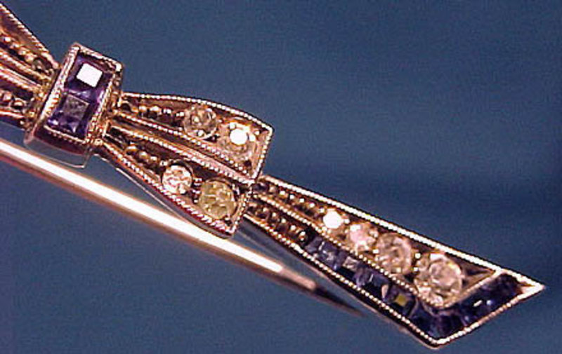 Art Deco STERLING PASTE &amp; CRYSTAL SAPPHIRE BOW PIN
