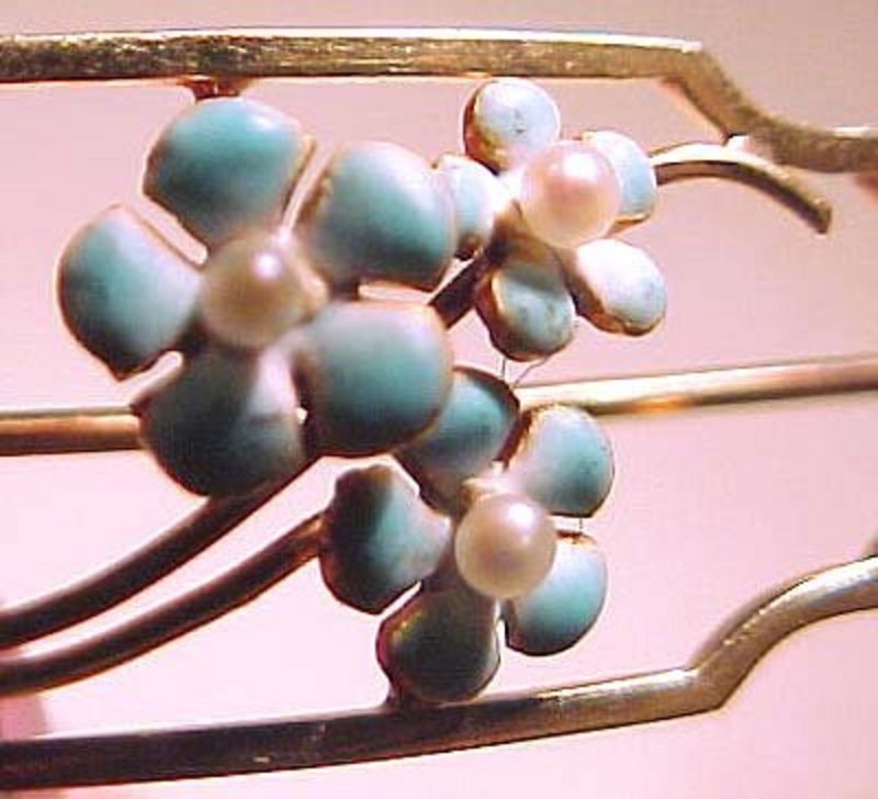 Edwardian 14K ENAMEL SEED PEARL FLOWER PIN c1910