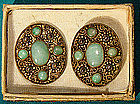 Pair CHINESE JADE GILT SILVER WIREWORK EARRINGS 1920s-30s