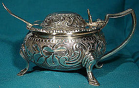 Ornate BARKER ELLIS SP FOOTED MUSTARD POT with SPOON