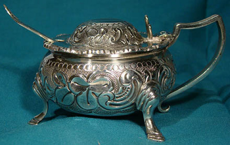 Ornate BARKER ELLIS SP FOOTED MUSTARD POT with SPOON