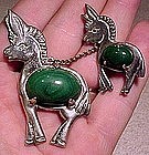 MEXICAN STERLING TWIN DONKEYS PIN w/ MALACHITE