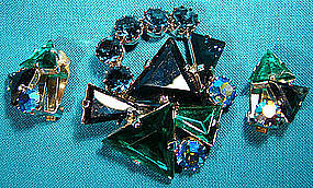 BLUE GREEN RHINESTONES BROOCH & EARRINGS SET 1950s